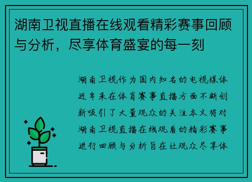 湖南卫视直播在线观看精彩赛事回顾与分析，尽享体育盛宴的每一刻