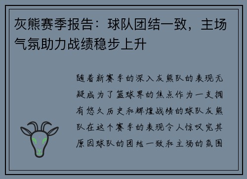 灰熊赛季报告：球队团结一致，主场气氛助力战绩稳步上升
